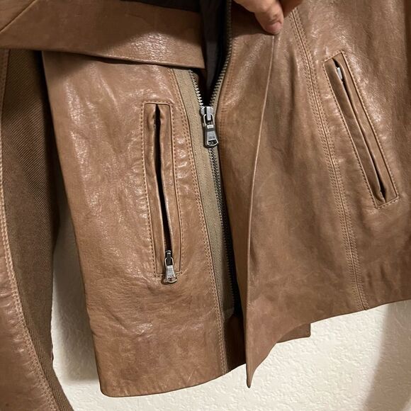 June Brown Leather Biker Moto Jacket Coat Wool Blend Knit Sleeve Size M - Picture 9 of 15